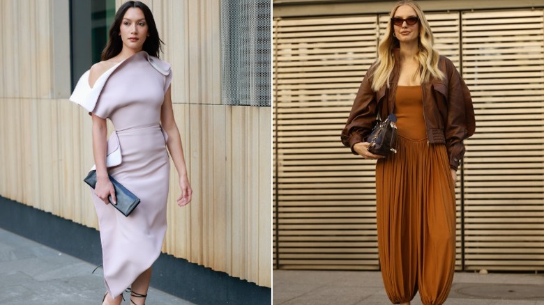 A woman in a pale lilac draped dress, and one in a terracotta jumpsuit