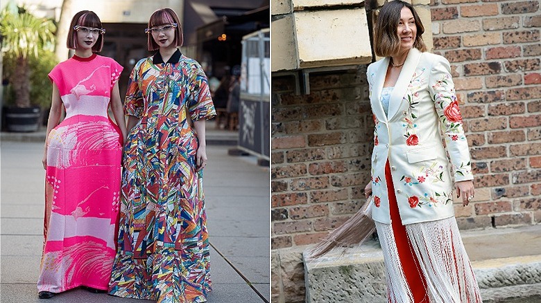 Three women wearing unique outfits