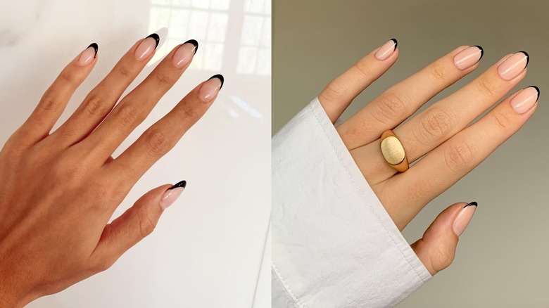 A long black French manicure pictured on the left and a short black French manicure pictured on the right.