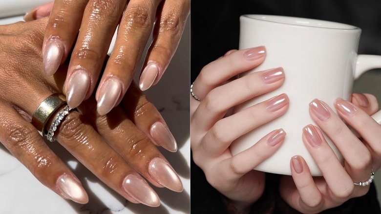 Long nude pearlescent nails pictured on the left and short nude pearlescent nails pictured on the right.