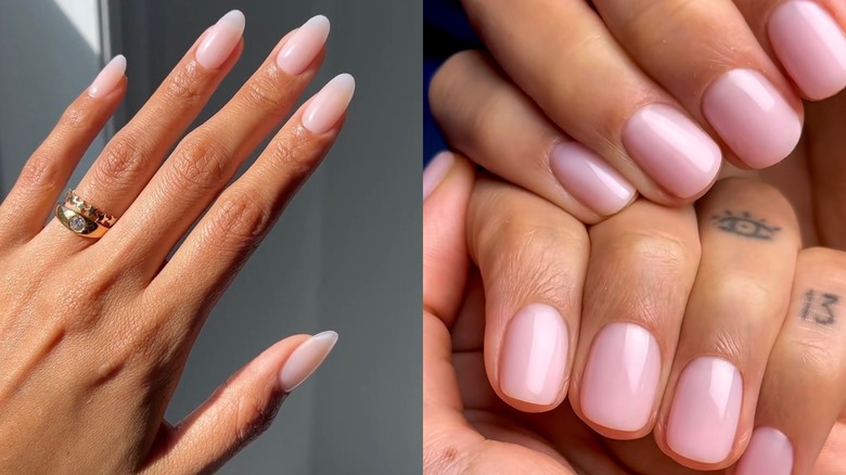 Long light-pink nude nails pictured on the left and short pink nails pictured on the right.