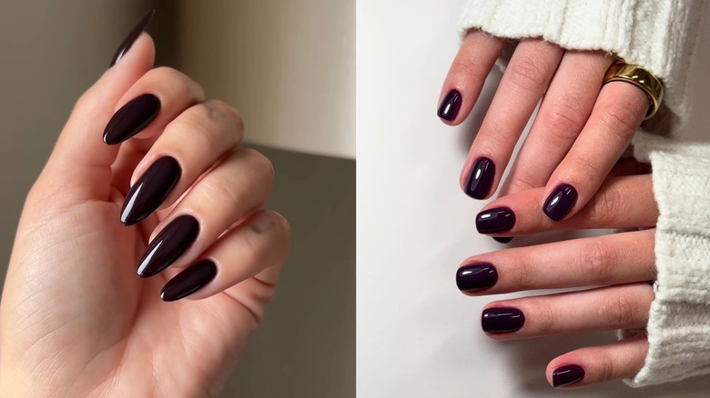 Long black-cherry nails pictured on the left and short black-cherry nails pictured on the right.