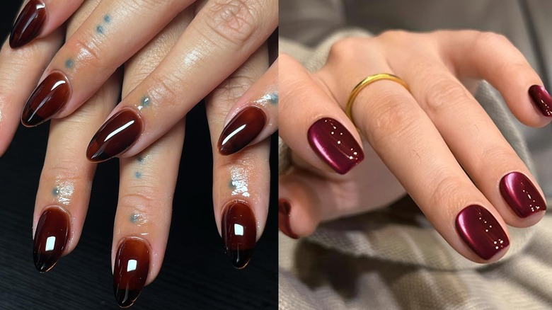 Long brown jelly nails pictured on the left and short raspberry jelly nails pictured on the right.