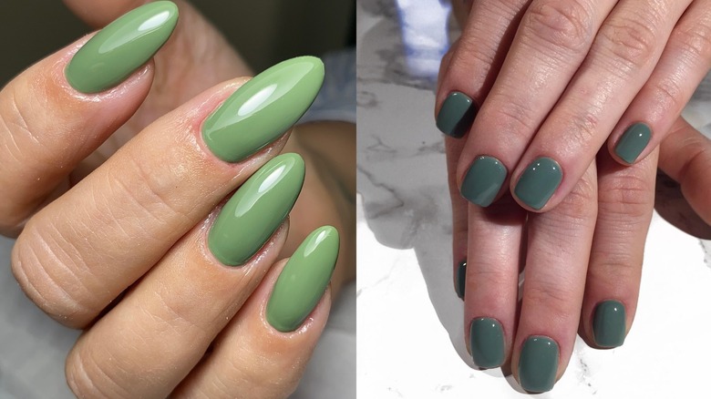 Long light-green nails pictured on the left and short moss-green nails pictured on the right.
