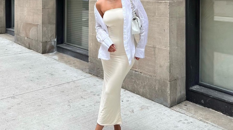 woman wearing white tube dress