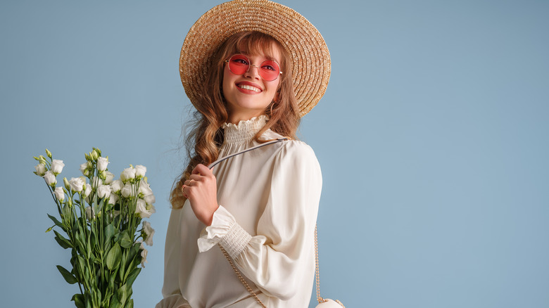 woman in puff sleeve blouse