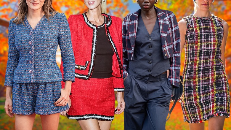 Four women wearing tweed outfits