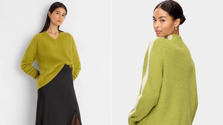 (L)A model posing in the Gold Label Cashmere Blend V-Neck Sweater by NIC+ZOE; (R) A model posing in the SoSoft Sport Mock-Neck Shaker Sweater by Old Navy