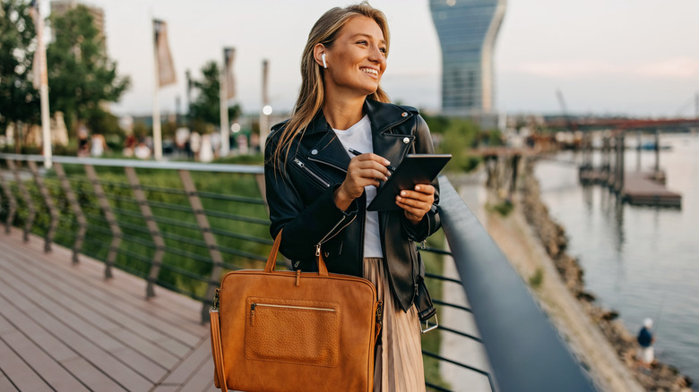 woman wearing leather jacket