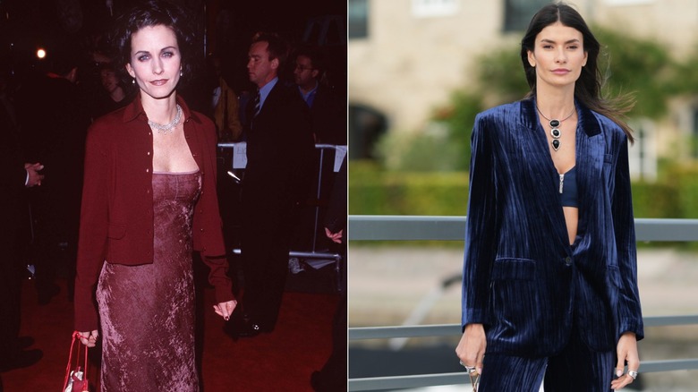 Left: Courteney Cox wears a crushed velvet dress to the premiere of "Scream 2" in 1997. Right: A woman wearing a blue crushed velvet suit attends Copenhagen Fashion Week in July 2026.