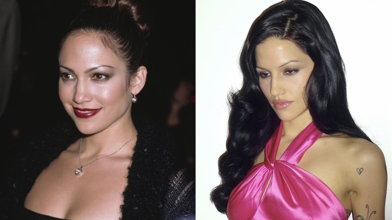 Left: Jennifer Lopez attends the opening of her restaurant "Conga" in 1998. Right: Model Gabbriette during a 2026 photoshoot.