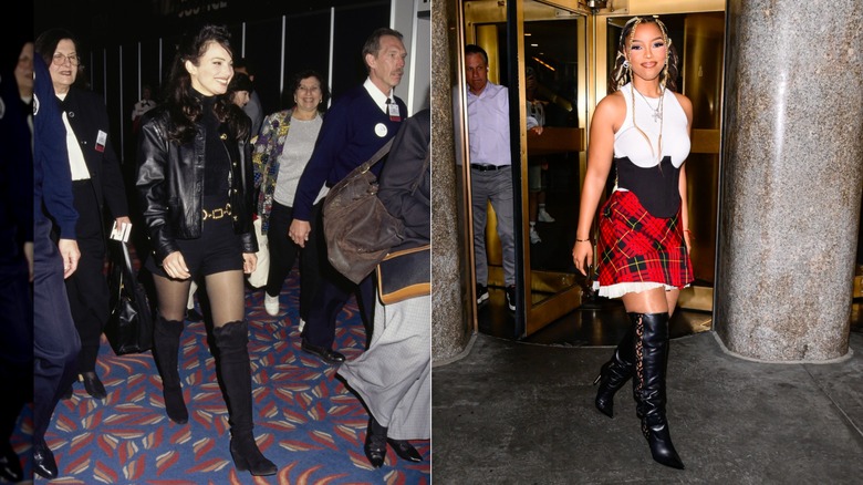 Left: Fran Drescher wears over-the-knee black boots to the 1995 National Association of Television Program Executives Convention. Right: Chloe Bailey wears over-the-knee black boots while leaving NBC Studio in June 2026.