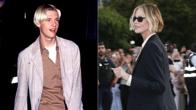 Left: Nick Carter for a Backstreet Boys photoshoot in 1997. Right: Charlize Theron arrives to "The Odyssey" photocall in July 2026.