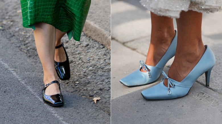A guest wears a green crocodile-embossed midi skirt and black Mary Janes in Milan in September 2026 / A guest wears a pair of light blue satin Mary Jane pumps during Paris Fashion Week in September 2026