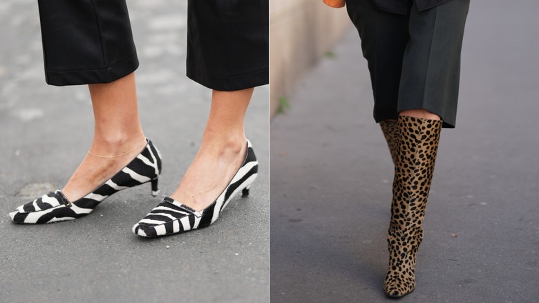 A guest wears a pair of zebra print kitten heel loafers during Paris Fashion Week in September 2026 / A guest wearing a pair of bermuda shorts and knee-high cheetah print boots during Paris Fashion Week in October 2026