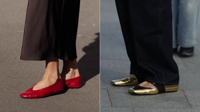 A guest wears a maxi skirt and red ballet flats during Paris Fashion Week in October 2026 / A guest wears wide-leg jeans and gold and black ballet flats during Paris Fashion Week in October 2026