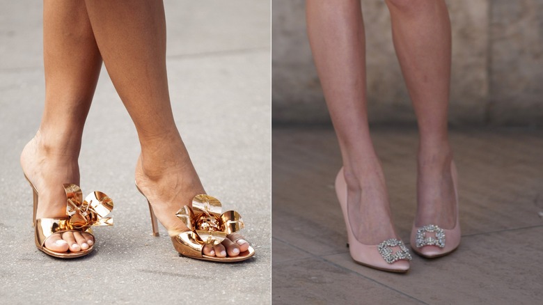 Flora Coquerel wears metallic gold mule sandals with floral embellishments during Paris Fashion Week in October 2026 / A guest wears link pink pointy-toe pumps with jeweled embellishments during Paris Fashion Week in October 2026