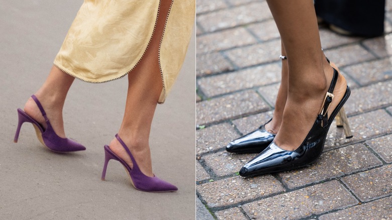 A guest wears a yellow skirt and purple pointy-toe slingback pumps during Paris Fashion Week in October 2026 / A guest wears black patent leather pointy-toe slingback pumps in London in September 2026