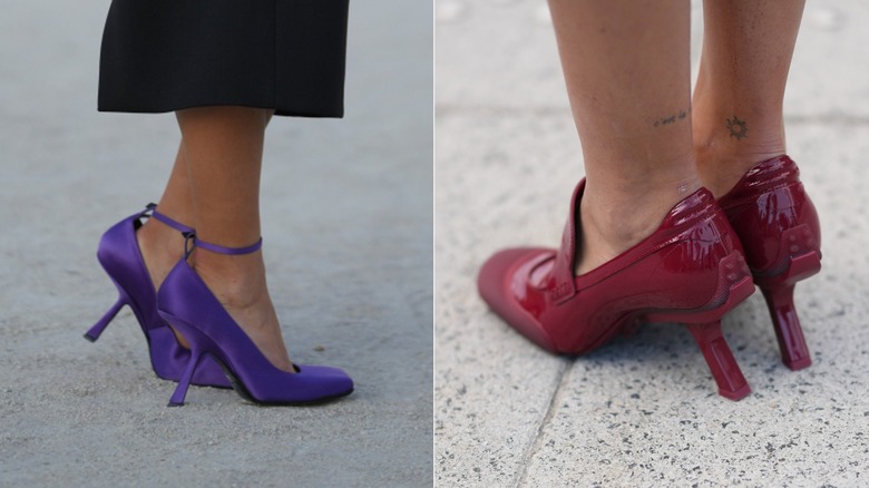 Beca Michie wears a pair of purple satin pumps with an ankle strap and an inverted heel during Paris Fashion Week in October 2026 / Dolma Lisa Dorjee wears a pair of red patent leather loafers with inverted heels during Paris Fashion Week in October 2026