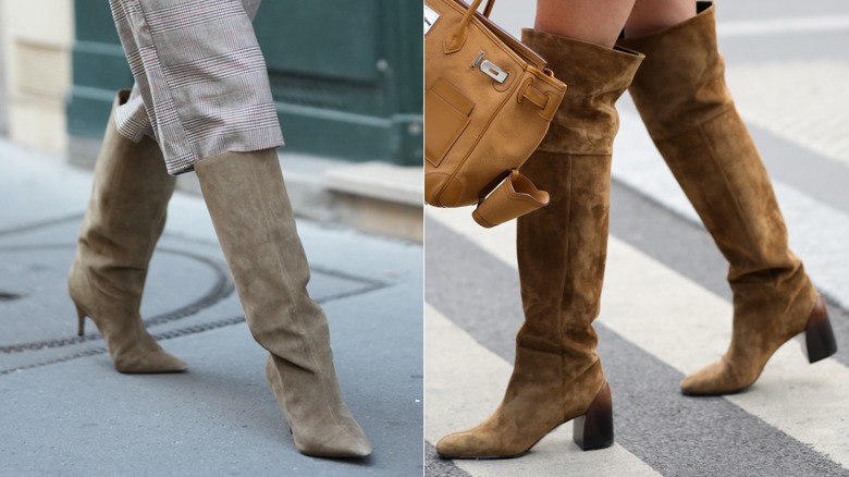 A guest wears checkered bermuda shorts and knee-high beige suede pointy-toe boots during Paris Fashion Week in October 2026 / A guest wears thigh-high tan suede boots with a block heel during Paris Fashion Week in October 2026