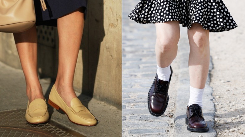 Sophie Alurralde wears a navy midi dress and beige penny loafers in Paris in August 2026 / A guest wears socks and lace-up Oxford shoes in 2026