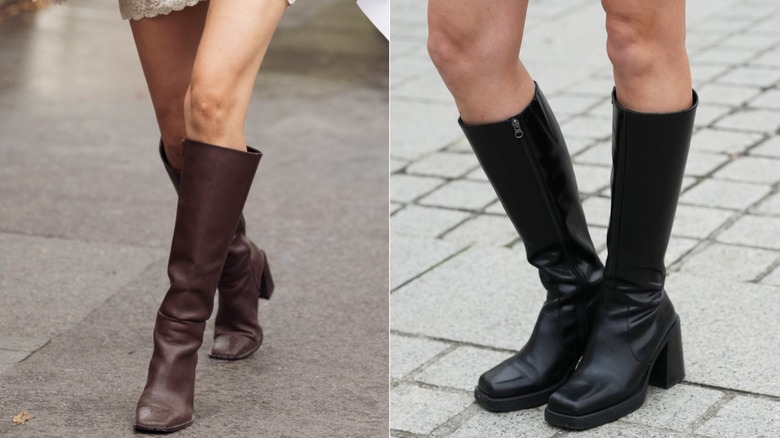 A guest wears knee-high brown leather boots with square toes during Paris Fashion Week in September 2026 / A guest wears a pair of black knee-high black leather boots in Paris in October 2026