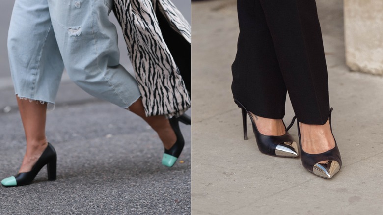 Karin Teigl wears light blue denim culottes with two-tone square-toe black and teal pumps in Vienna, Austria in October 2026 / Sophia Roe wears black slacks and black and silver two-tone pointy-toe pumps during Paris Fashion Week in October 2026