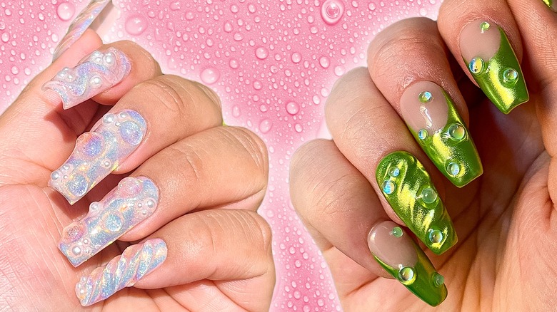 wet nails on wet pink background