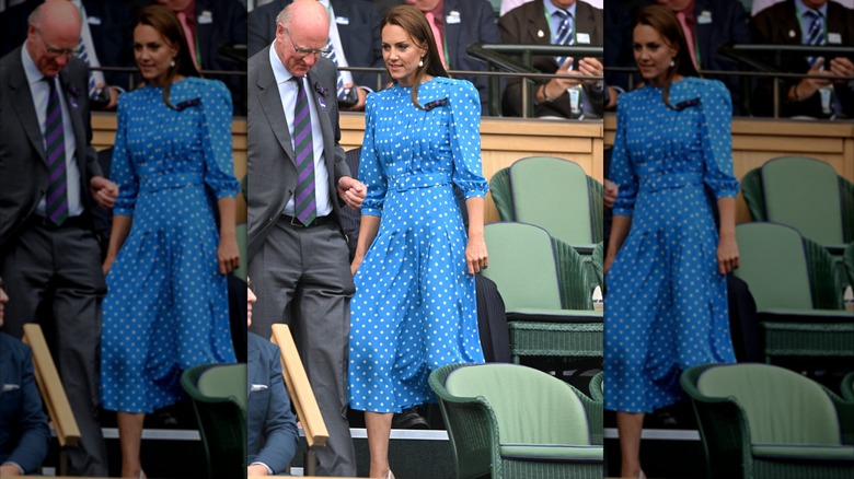 Kate Middleton wearing a blue-and-white polka-dot dress at Wimbledon in 2022.