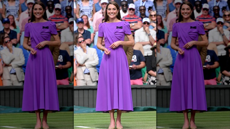 Kate Middleton wearing a purple dress at Wimbledon in 2024.