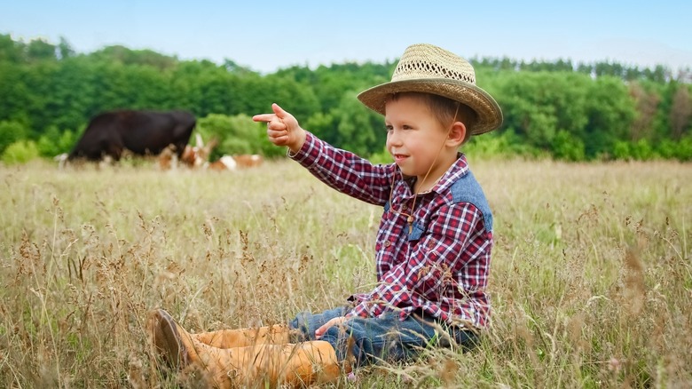A toddler dressed in Western clothing sits in a field.