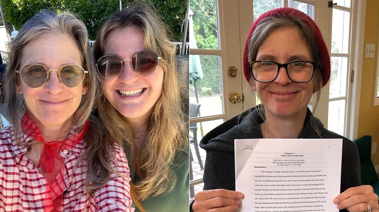 Side-by-side photo of Helen Slater with her daughter and holding an essay