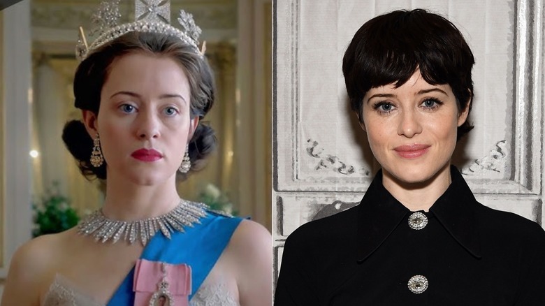 Side-by-side photos of Claire Foy in character as Queen Elizabeth (left) and as herself on the red carpet (right)