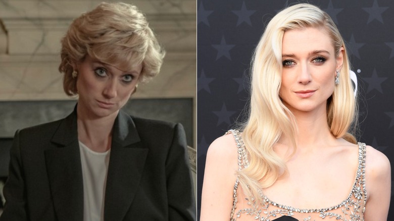 Side-by-side photos of Elizabeth Debicki in character as Princess Diana (left) and as herself on the red carpet (right)