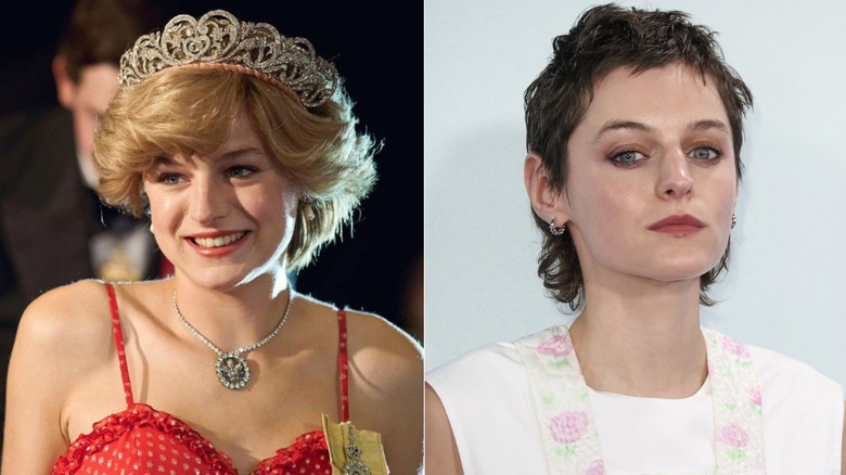Side-by-side photos of Emma Corrin in character as Queen Elizabeth (left) and as themself on the red carpet (right)