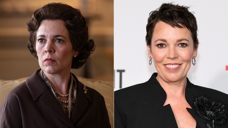 Side-by-side photos of Olivia Colman in character as Queen Elizabeth (left) and as herself on the red carpet (right)
