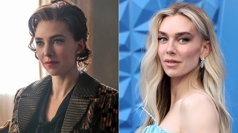 Side-by-side photos of Vanessa Kirby in character as Princess Margaret (left) and as herself on the red carpet (right)