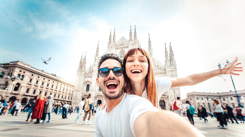 Happy couple taking a selfie on a vacation