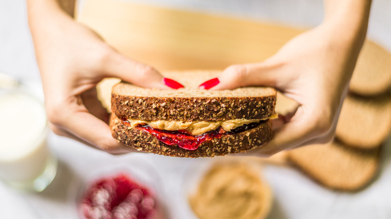 Person holding peanut butter and jelly sandwich