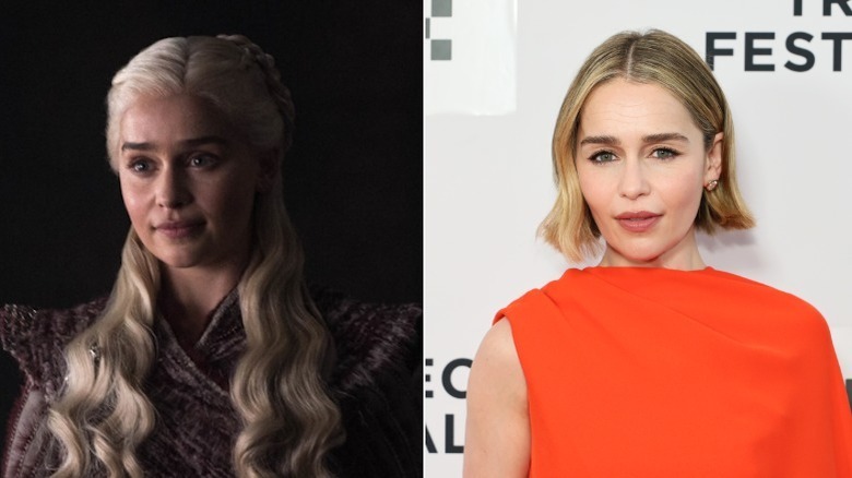 Left: Emilia Clarke as Daenerys Targaryen in "Game of Thrones." Right: Emilia Clarke at the "Next Life" premiere in 2026.