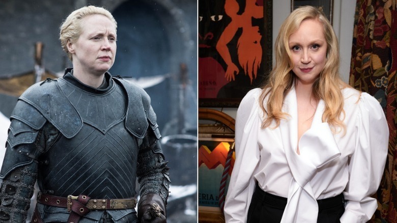 Left: Gwendoline Christie as Brienne of Tarth in "Game of Thrones." Right: Gwendoline Christie at a pre-BAFTAs party in 2026.