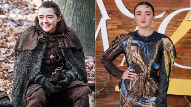Left: Maisie Williams as Arya Stark in "Game of Thrones." Right: Maisie Williams attends the premiere of "Practical Magic 2" in 2026.