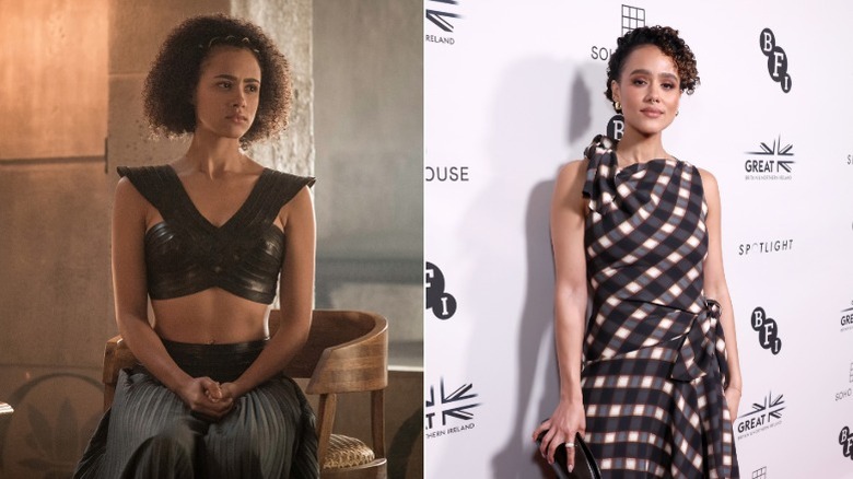 Left: Nathalie Emmanuel as Missandei in "Game of Thrones." Right: Nathalie Emmanuel at The British Film Reception in 2026.