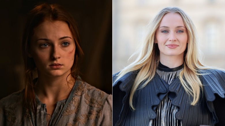 Left: Sophie Turner as Sansa Stark in "Game of Thrones." Right: Sophie Turner at Paris Fashion Week in 2025.
