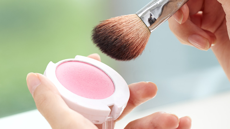 woman holding blush and brush