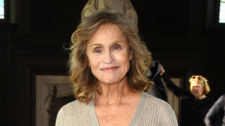 Lauren Hutton wearing a gray sweater