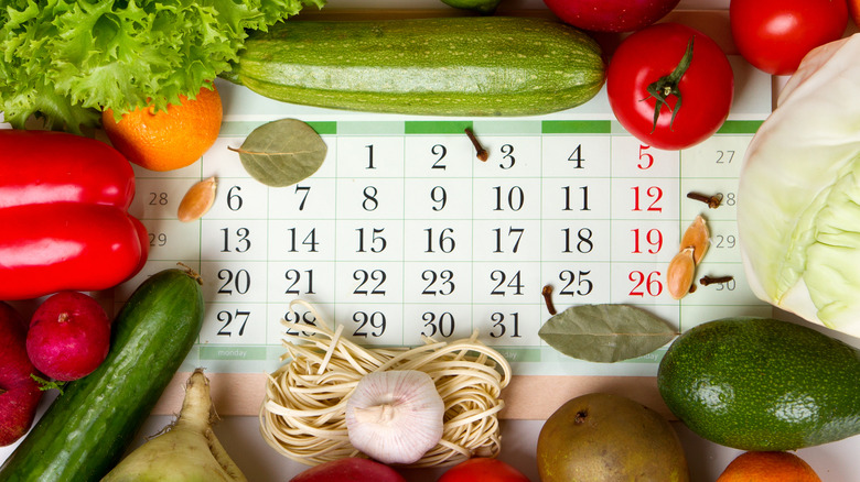 healthy food around a calendar