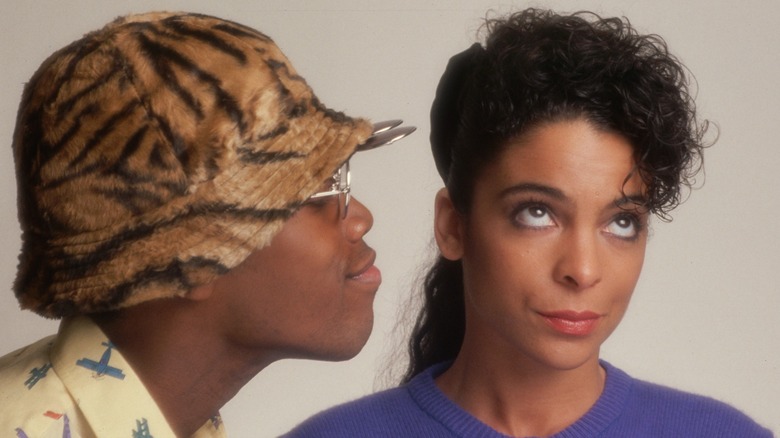 Studio portrait of Jasmine Guy and actor Kadeem Hardison, co-stars of A Different World television show.