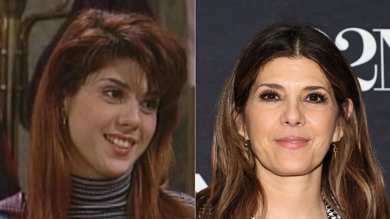 : Marisa Tomei as Maggie Lauten on A Different World / R: Marisa Tomei attends Gisèle Pelicot in Conversation with Megan Twohey: "A Hymn To Life" on, 2026