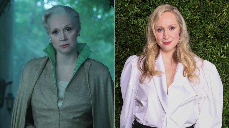 (L) Gwendoline Christie as Larissa Weems in the Netflix series "Wednesday," (R) Gwendoline Christie posing at a pre-BAFTA party in 2026